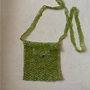 Glass beaded green mesh bag long strip